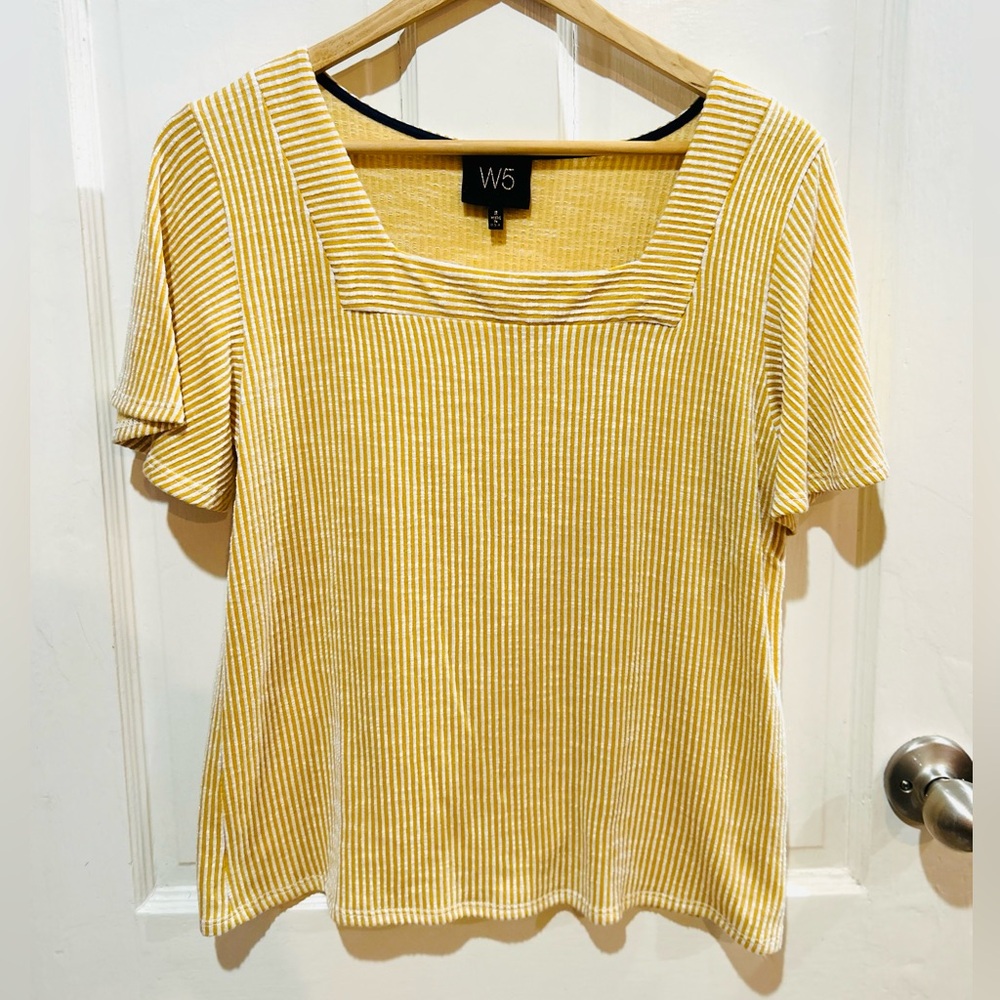 W5 Mustard Yellow Soft Ribbed Square Neck Knit Top Preppy Coastal Nautical S